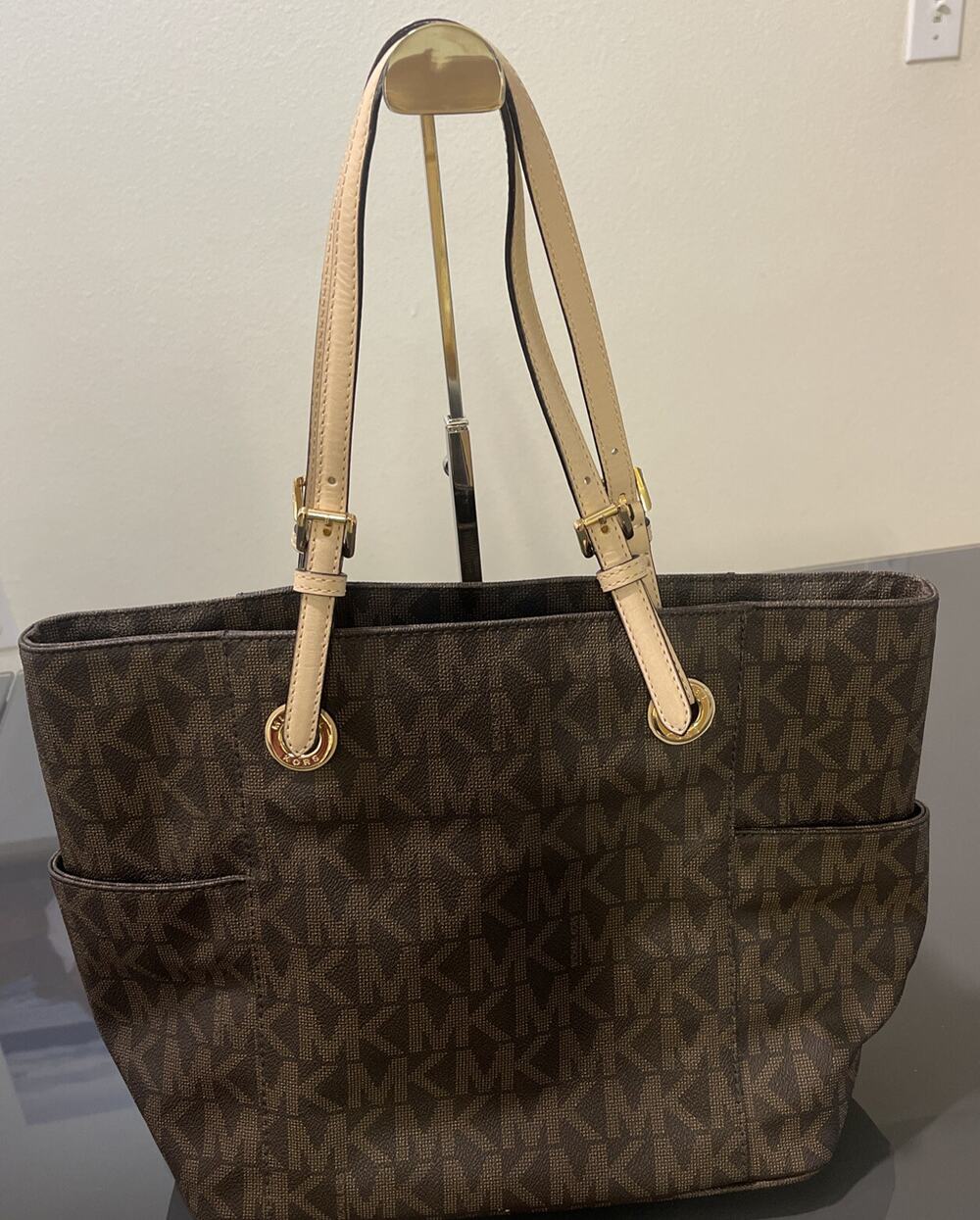 Michael Kors Jet Set MK Logo Brown Leather Tote Bag Purse
